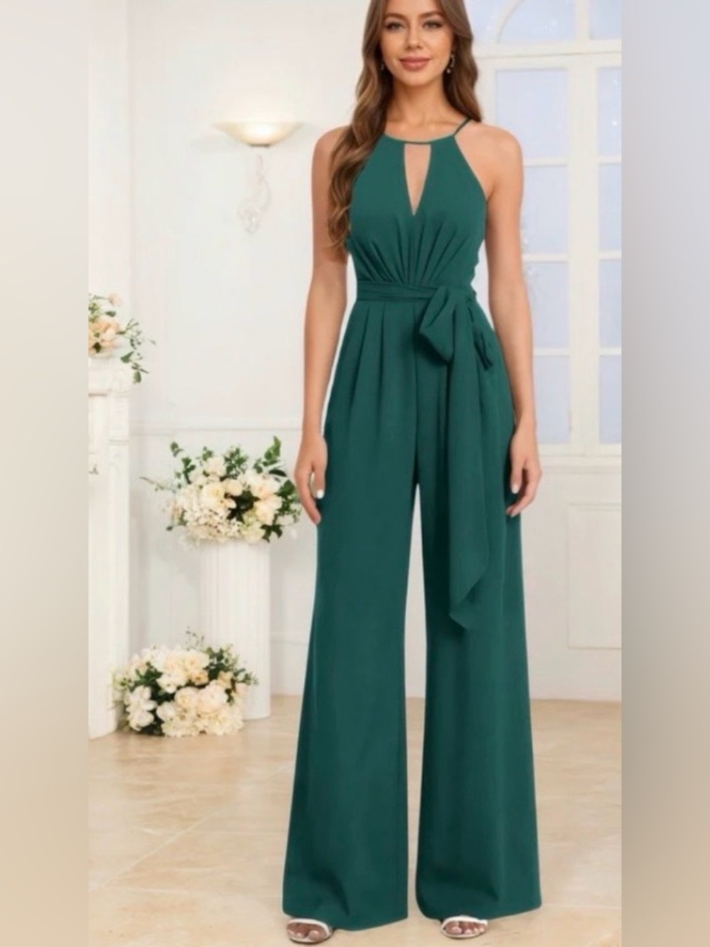 POMUYOO Key-Hole Halter Teal Chiffon Jumpsuit